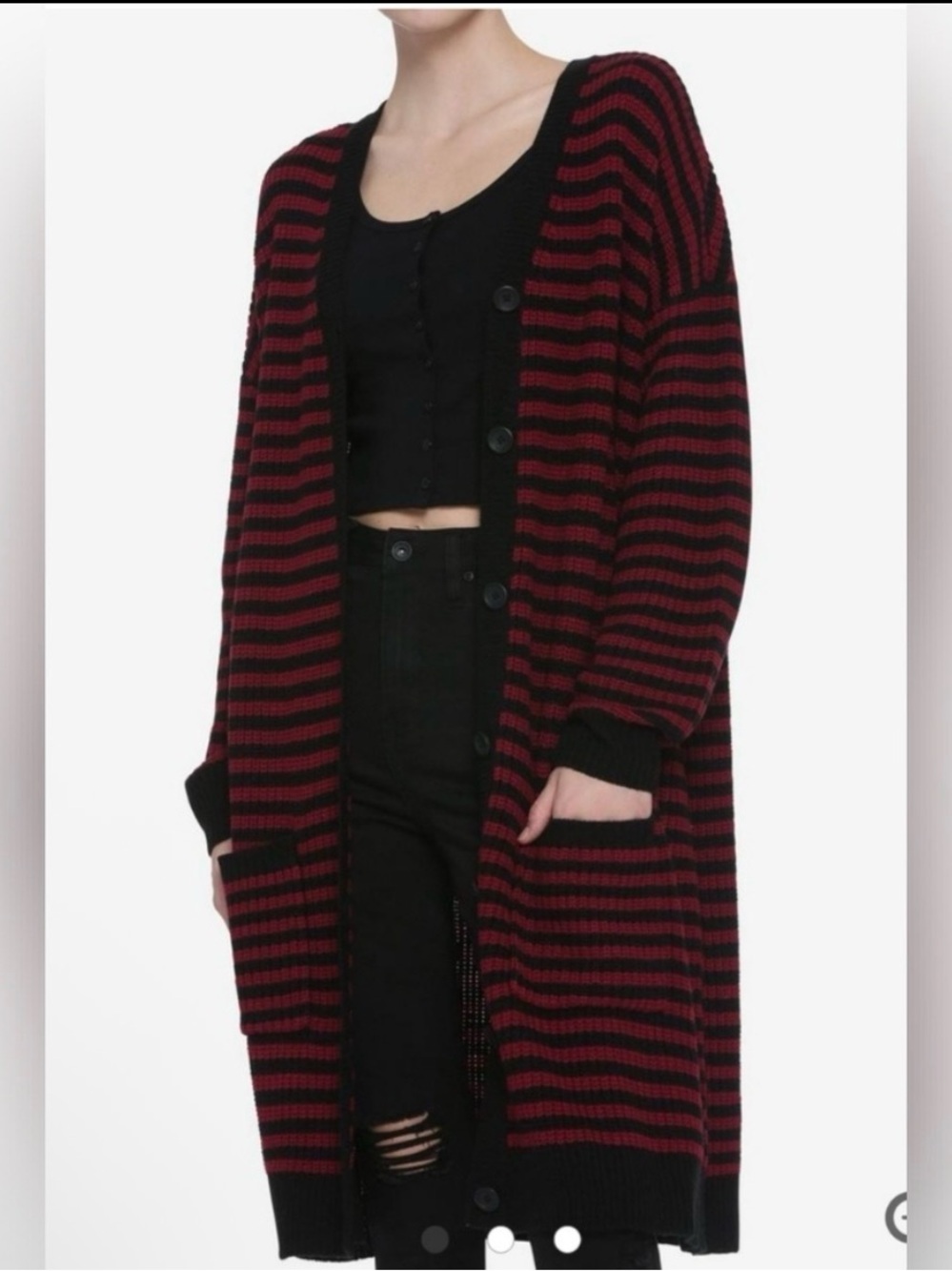 Hot Topic Black and Red Striped Long Knit Cardigan